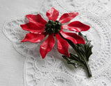 Vintage Enameled Christmas Stemmed Poinsettia  Pin Brooch - The Pink Rose Cottage 