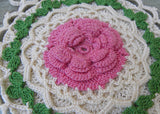 Vintage Crocheted Pink Irish Rose Pot Holder