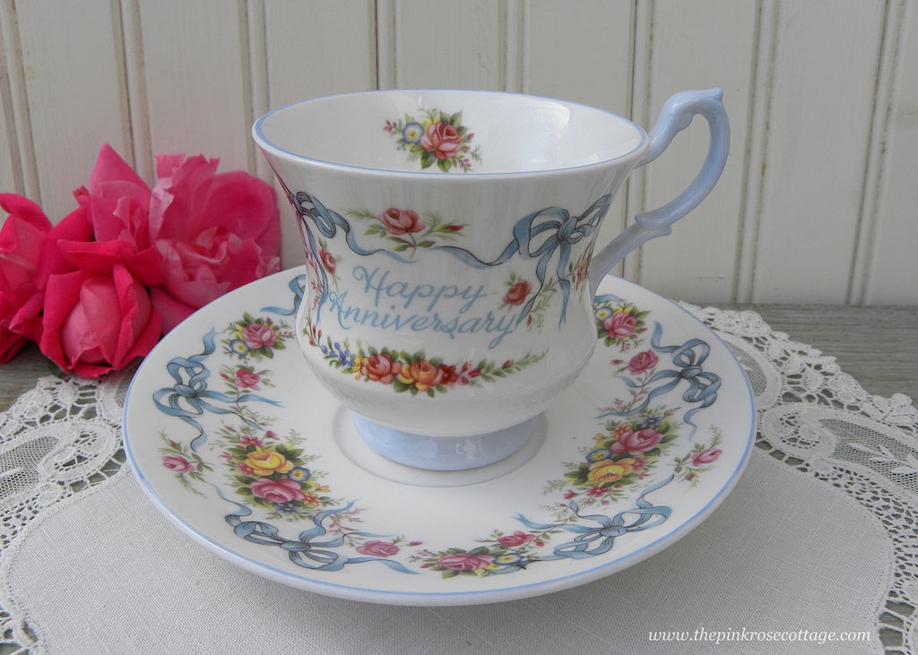 Vintage Queen's Happy Anniversary Pink Rose Blue Bows Teacup and Saucer