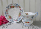 Vintage Queen's Happy Anniversary Pink Rose Blue Bows Teacup and Saucer