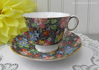 Vintage Adderley Chintz Forget Me Nots on Black Teacup and Saucer