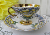 Vintage Rosina Pedestal Yellow Pink Roses and Gold Teacup and Saucer