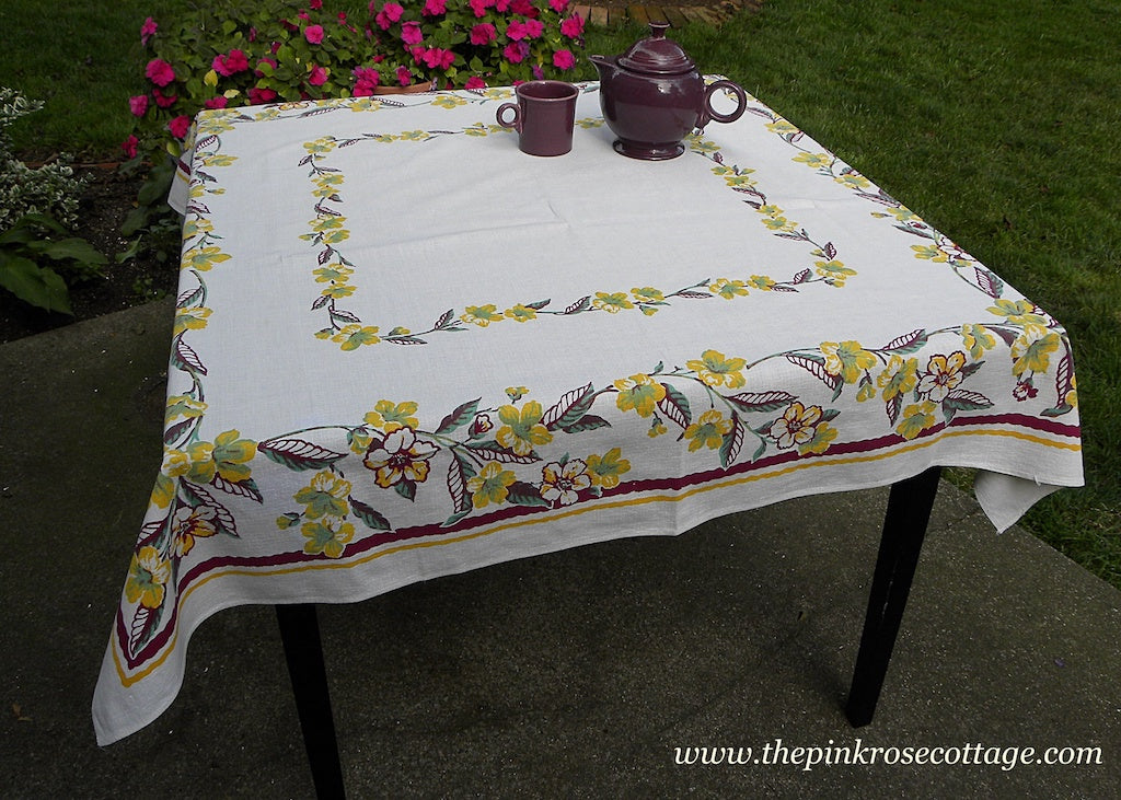 Vintage Maroon and Yellow Hibiscus Tablecloth
