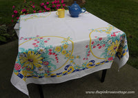 Vintage Tablecloth Baskets of Sunflowers Daisies and More with Ribbons