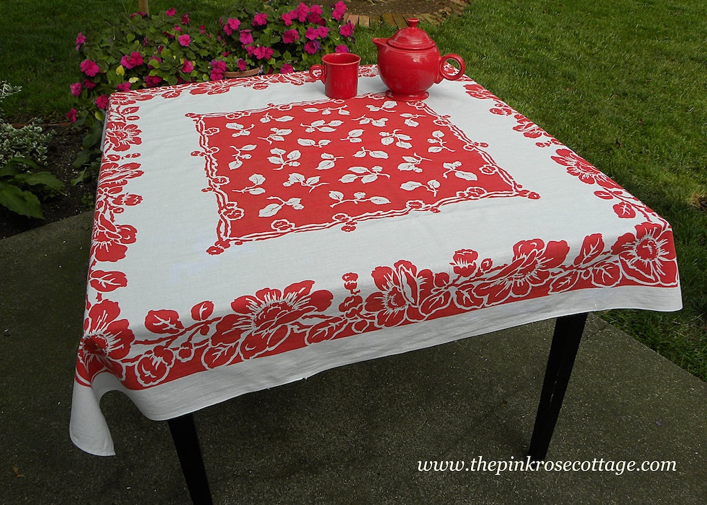 Vintage Springmaid Red and White Flowered Tablecloth