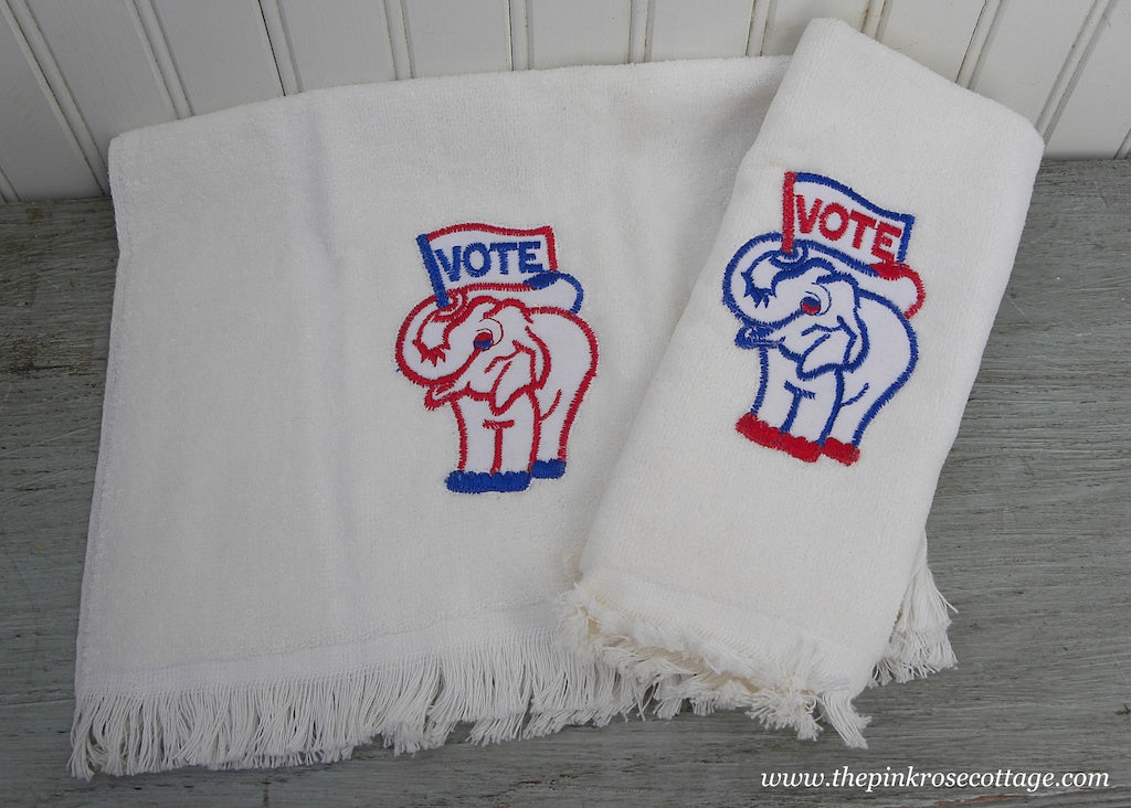 Vintage Patriotic Red White Blue Vote Embroidered Hand Towels