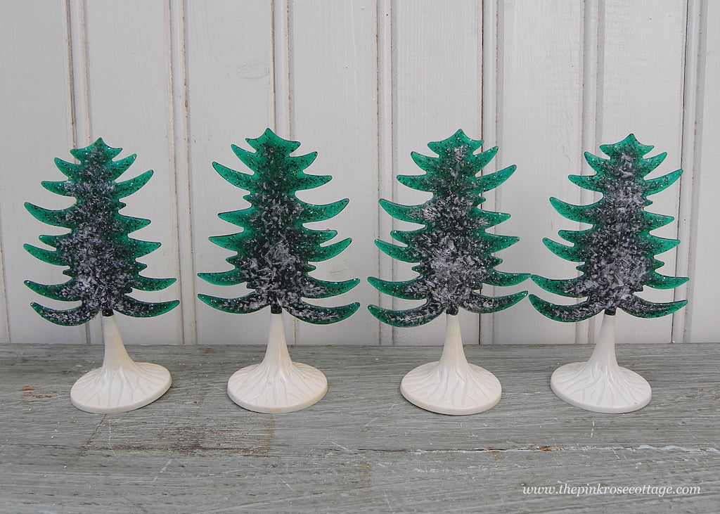 4 Vintage Plasticville Translucent Green with Glitter Evergreen Christmas Trees