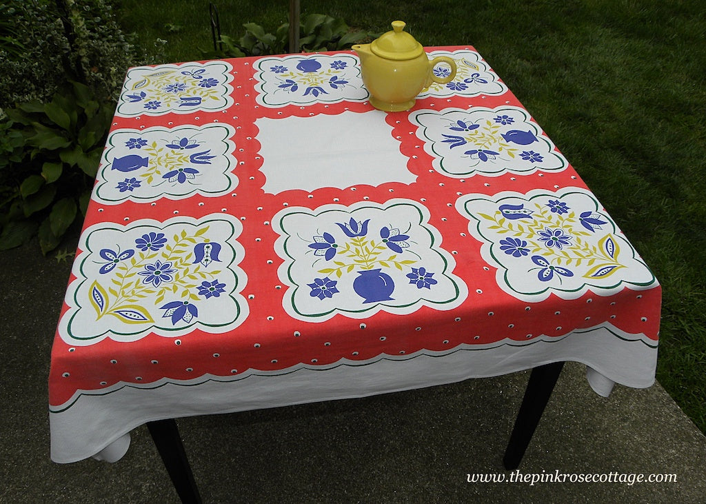 Vintage Simtex Stylized Floral and Polka Dot Tablecloth