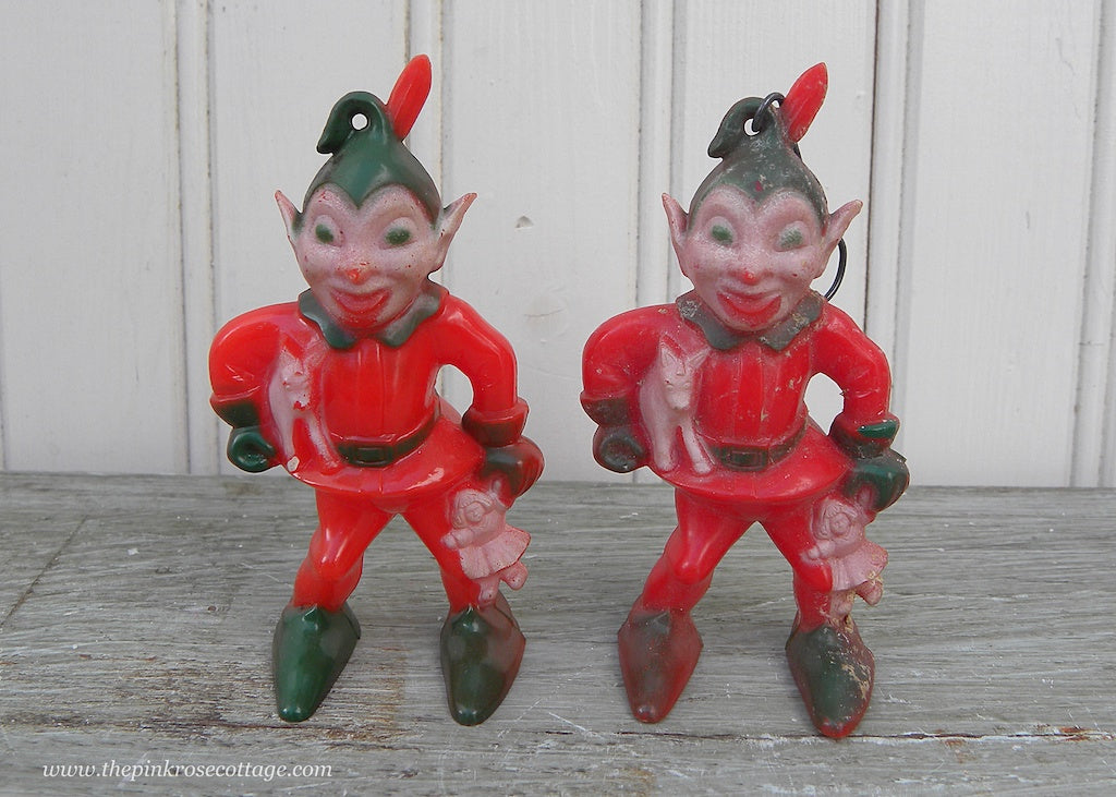 Pair of Vintage Plastic Santas Elves Christmas Ornaments