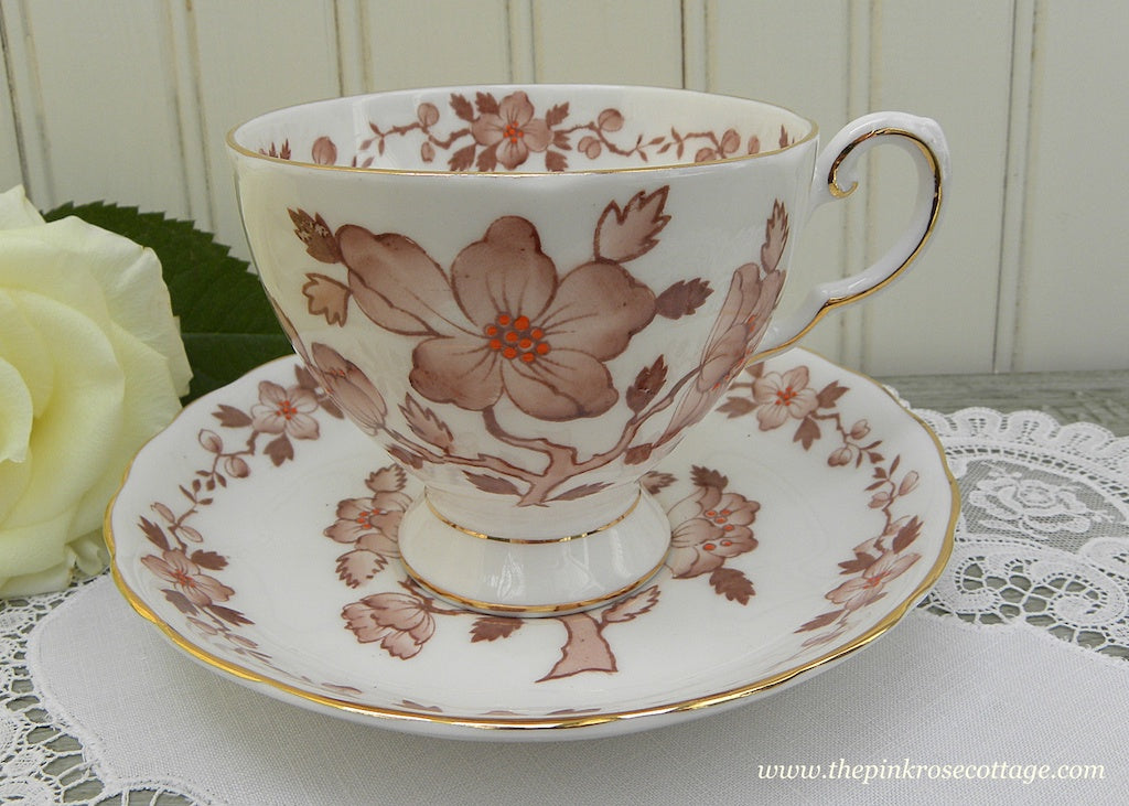 Vintage Tuscan Mikado Pink Teacup and Saucer with Brown and Orange Flowers