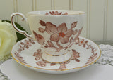 Vintage Tuscan Mikado Pink Teacup and Saucer with Brown and Orange Flowers