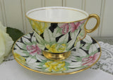 Vintage Adderley Stylized Pink and Yellow Roses on Black Chintz Teacup and Saucer - The Pink Rose Cottage 