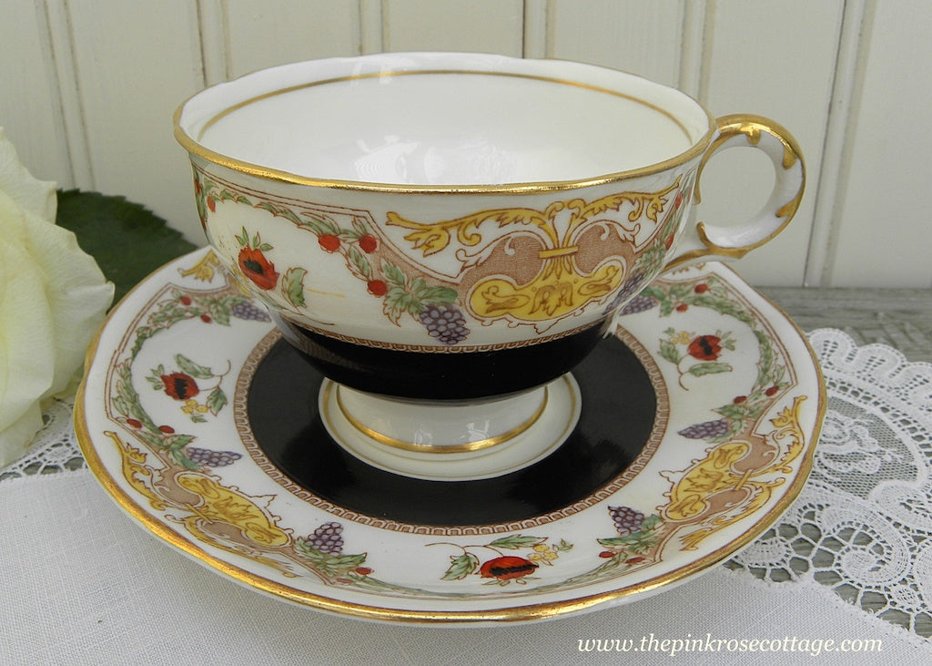 Vintage Adderley Black Teacup and Saucer with Poppies and Grapes - The Pink Rose Cottage 