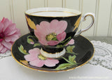 Vintage Black Tuscan Teacup and Saucer with Pink Poppies