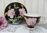Vintage Black Tuscan Teacup and Saucer with Pink Poppies