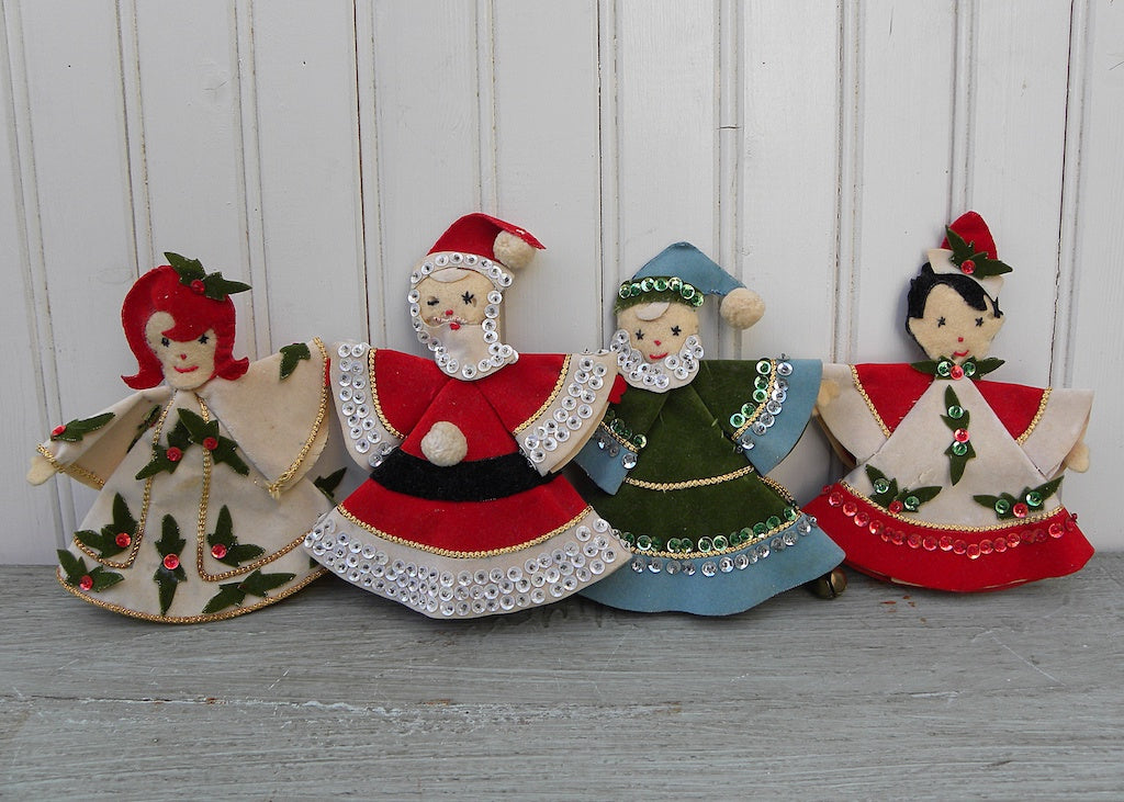 Vintage Sequins and Felt Santa Elf and Choir Couple Ornaments Christma