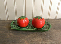 Vintage Tomato Salt and Pepper Shakers on Tray
