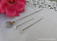 Trio of Vintage Glass Top Hatpins Milk Glass and Rhinestone