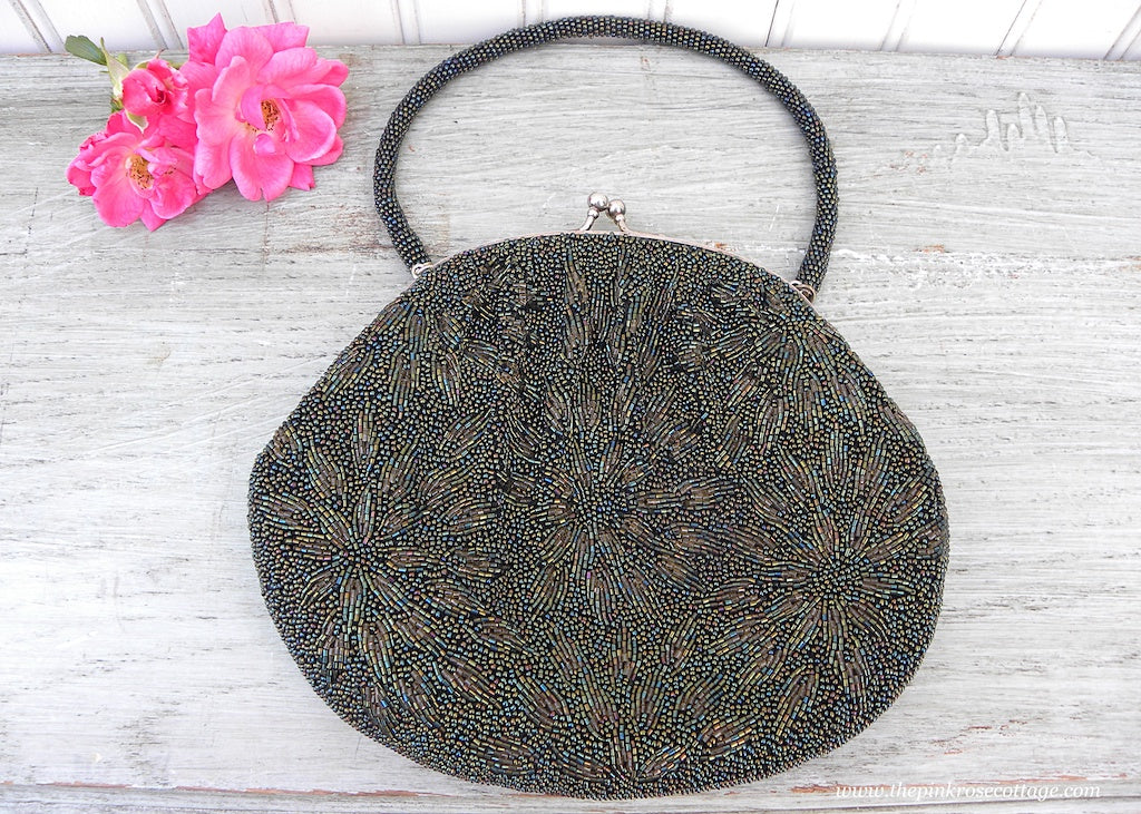 Antique Green Carnival Glass Beaded Floral Evening Bag Purse