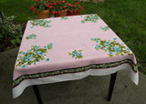 Vintage Pink and Black Tablecloth with Blue and White Flowers