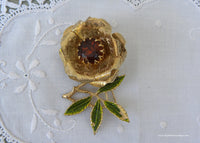 Vintage Sarah Coventry Gold Rose Amber Rhinestone Pin Brooch