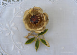 Vintage Sarah Coventry Gold Rose Amber Rhinestone Pin Brooch