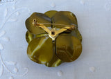 Vintage Olive Green Enameled Flower Pin Brooch with Rhinestone