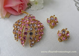 Vintage Pink and Lilac Rhinestone Flower Bud Brooch Pin and Earrings Set