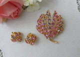 Vintage Pink and Lilac Rhinestone Flower Bud Brooch Pin and Earrings Set