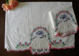 Vintage Hand Embroidered Southern Belle with Rose Garland Pillowcases