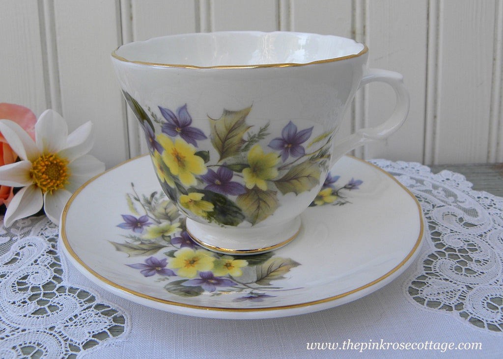 Vintage Purple Violets and Yellow Primrose Teacup and Saucer