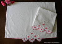 Pair of Vintage Pink and White Hand Crocheted Lace Pillowcases