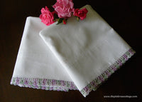 Vintage Hand Crocheted Lavender and Green Lace Trimmed Pillowcases