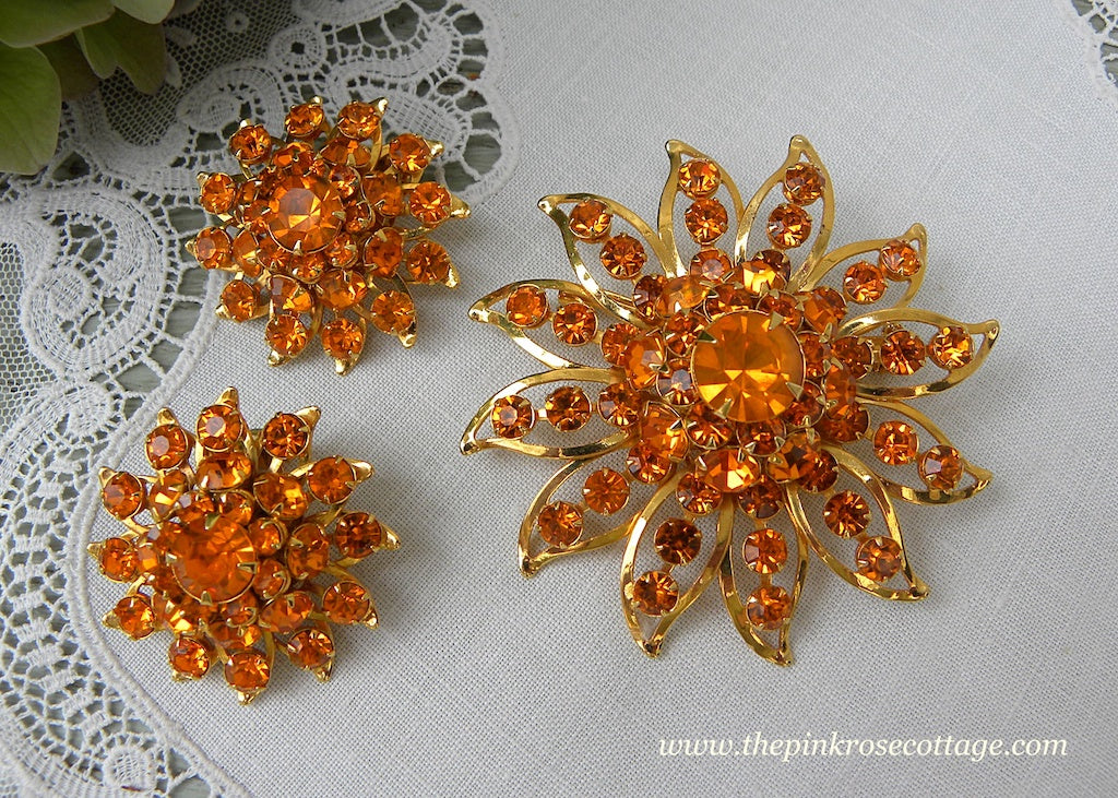 Vintage Judy Lee Bright Orange Rhinestone Flower Brooch Pin and Earrings Set