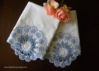 Vintage Hand Crocheted Blue and White Medallion Pillowcases