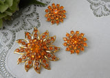 Vintage Judy Lee Bright Orange Rhinestone Flower Brooch Pin and Earrings Set