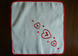 Vintage Valentine Handkerchief Embroidered Red Hearts and Trim