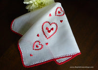 Vintage Valentine Handkerchief Embroidered Red Hearts and Trim