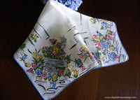 Vintage Gardening Linen Handkerchief with Flower Cart Flower Pots with Blue Trim