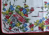 Vintage Gardening Linen Handkerchief with Flower Cart Flower Pots with Red Trim