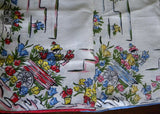Vintage Gardening Linen Handkerchief with Flower Cart Flower Pots with Red Trim