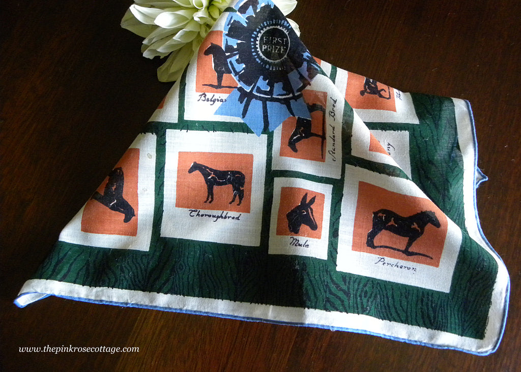 Vintage Blue Blue Ribbon Horses Handkerchief
