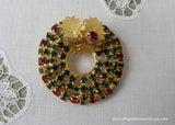 Vintage Rhinestone Christmas Wreath and Holly Brooch Pin