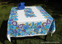 Vintage MCM Bold Blue and Purple Zinnia Petunia and more Tablecloth The Ryans