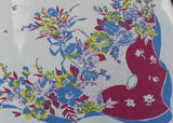 Vintage Pink Blue and Maroon Tablecloth with Charming Flower Basket