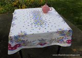 Vintage Pink Blue and Maroon Tablecloth with Charming Flower Basket