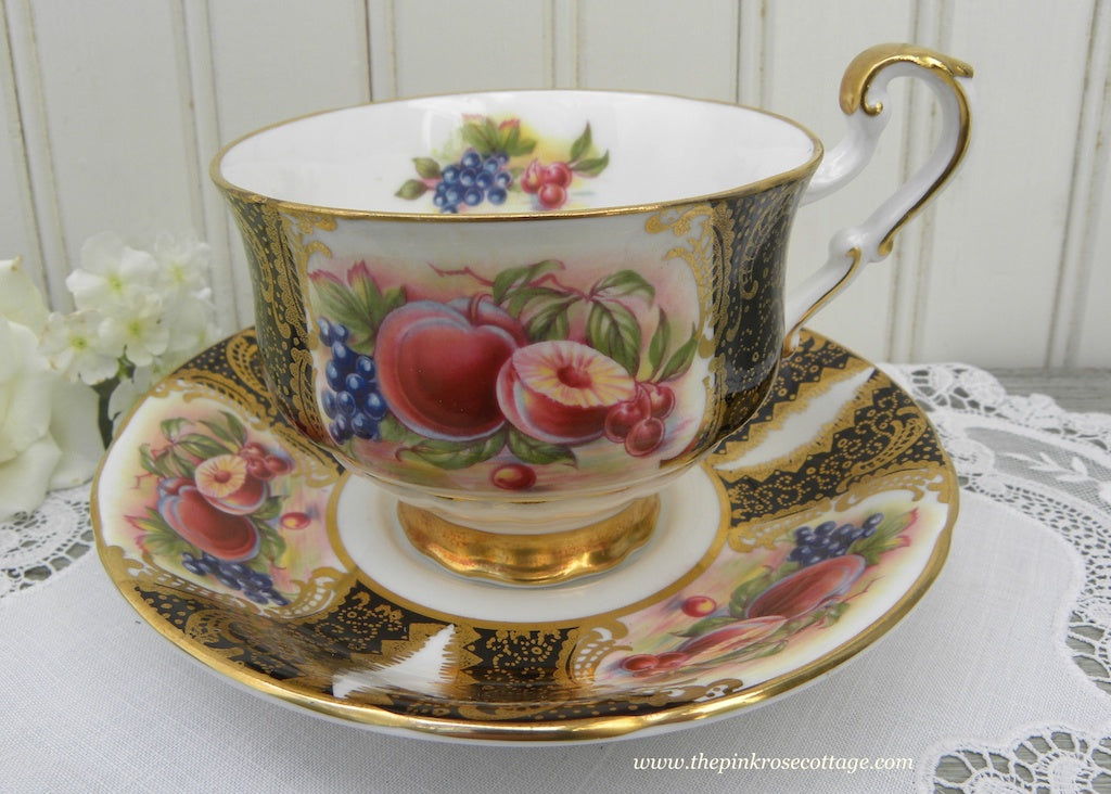 Vintage Paragon Black and Gold Teacup and Saucer with Harvest Fruits