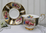 Vintage Paragon Black and Gold Teacup and Saucer with Harvest Fruits