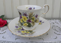 Vintage Queen's China Teacup and Saucer Yellow Primrose and Purple Violets