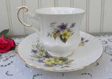 Vintage Queen's China Teacup and Saucer Yellow Primrose and Purple Violets